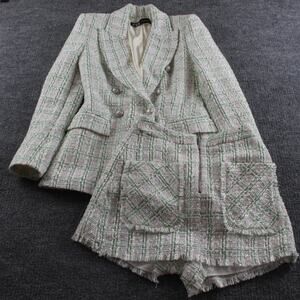 Zara Blazer Shorts Set Women XS Tweed Green Pink Double Breasted Academia Office